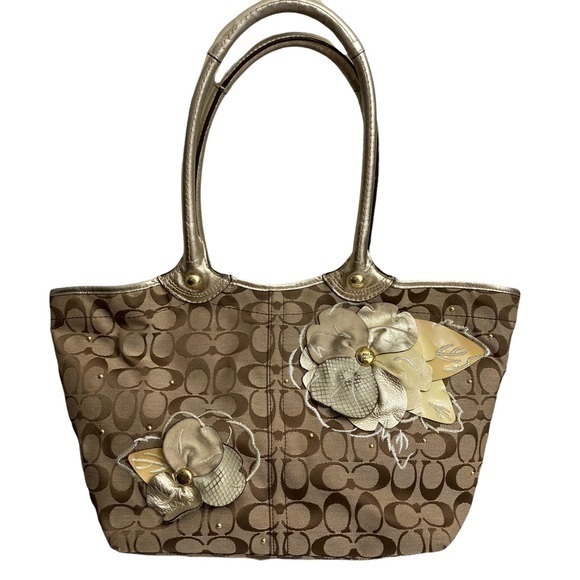 Coach Bleecker Rare Floral Signature Applique F16276 Gold Khaki Brown Tote - Picture 1 of 14
